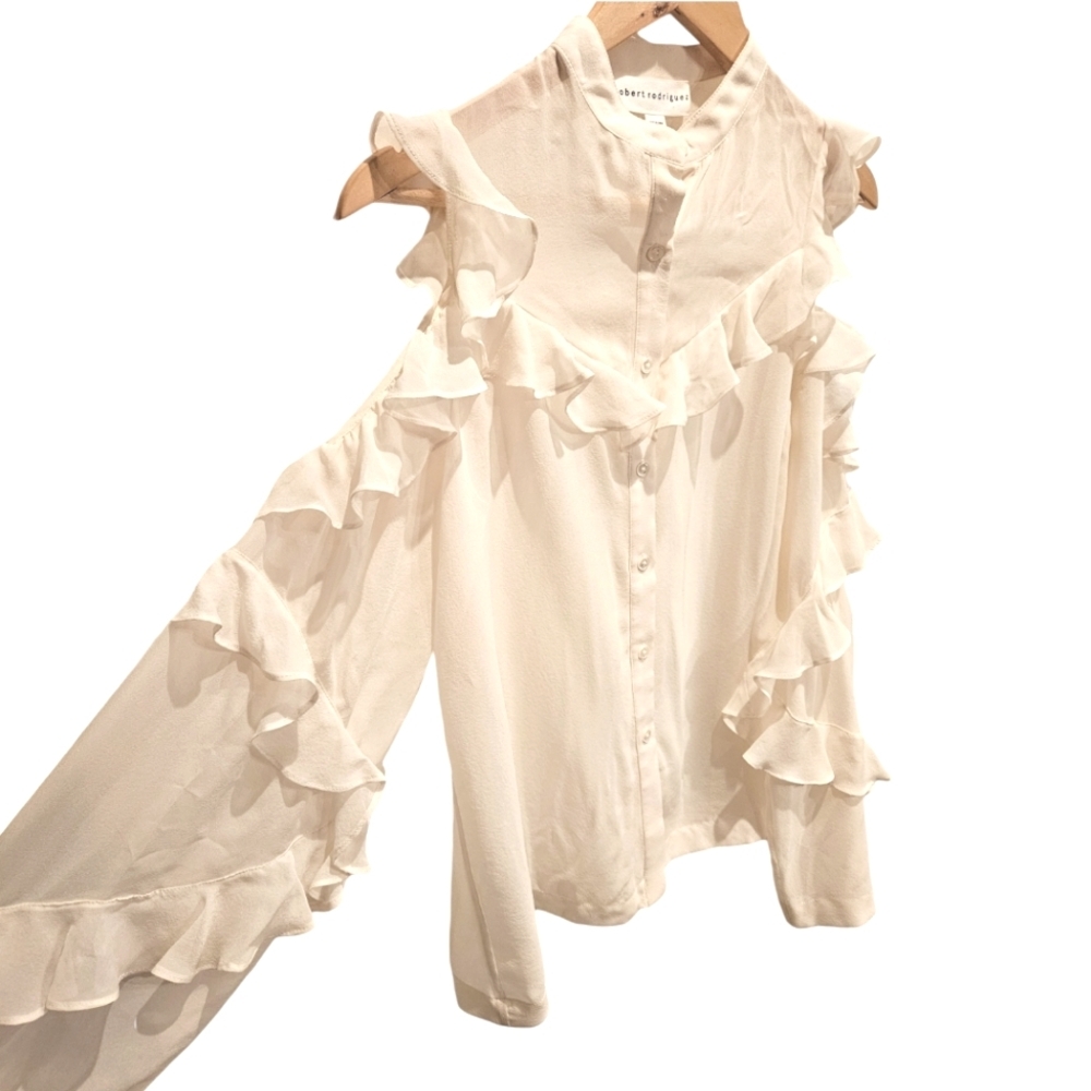 Robert Rodriguez silk‎ cold shoulder frilly cream blouse
